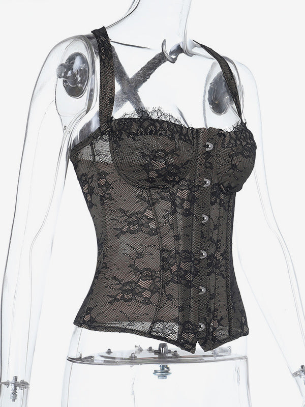 Floral Lace Corset Top For Women - Black Gothic Aesthetic Bustier - Summer Night Out Clubwear 2026