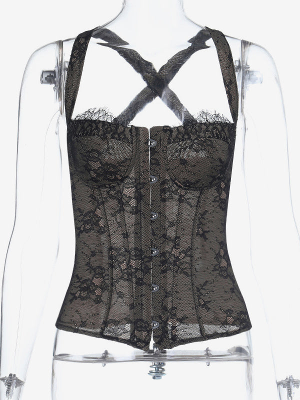 Floral Lace Corset Top For Women - Black Gothic Aesthetic Bustier - Summer Night Out Clubwear 2026