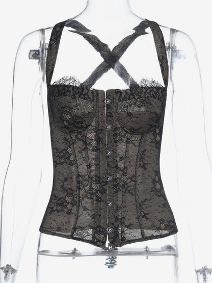 Floral Lace Corset Top For Women - Black Gothic Aesthetic Bustier - Summer Night Out Clubwear 2026