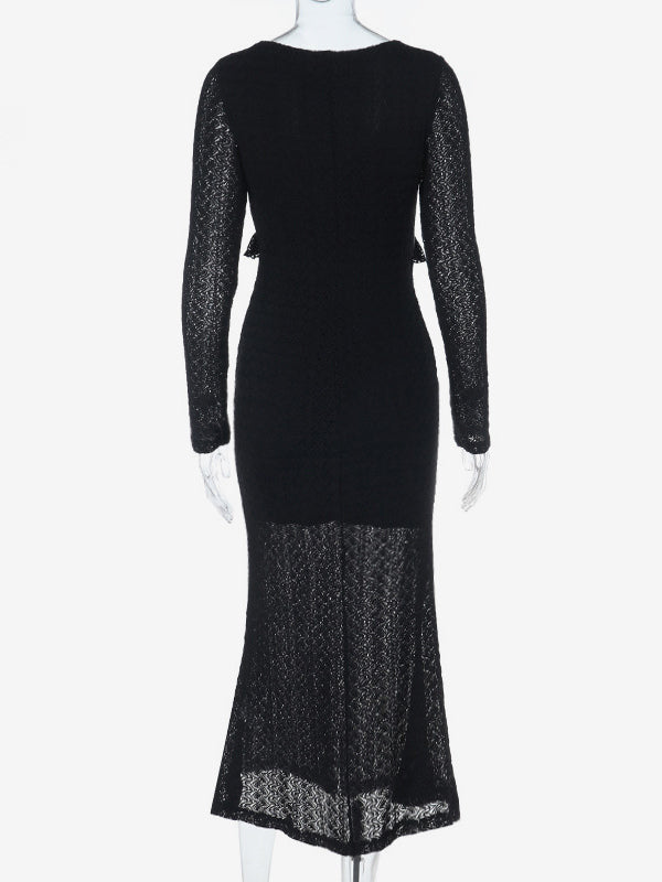 V-Neck Bodycon Long Dress For Women - Black Sexy Ruffle Cut Out - Spring Party Wedding Guest Wear 2026