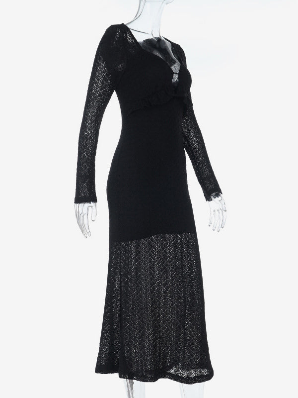 V-Neck Bodycon Long Dress For Women - Black Sexy Ruffle Cut Out - Spring Party Wedding Guest Wear 2026