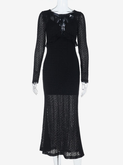 V-Neck Bodycon Long Dress For Women - Black Sexy Ruffle Cut Out - Spring Party Wedding Guest Wear 2026
