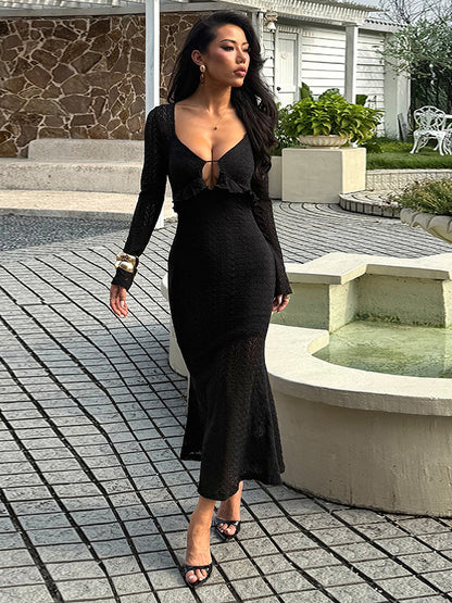 V-Neck Bodycon Long Dress For Women - Black Sexy Ruffle Cut Out - Spring Party Wedding Guest Wear 2026