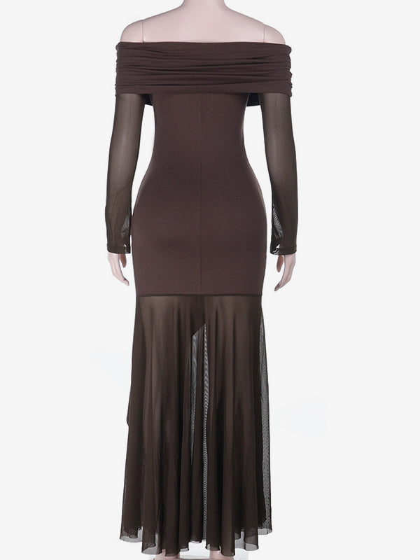 Off Shoulder Maxi Dress For Women - Brown Elegant Ruched Sheer Mesh Sleeve - Spring Party Wear 2026