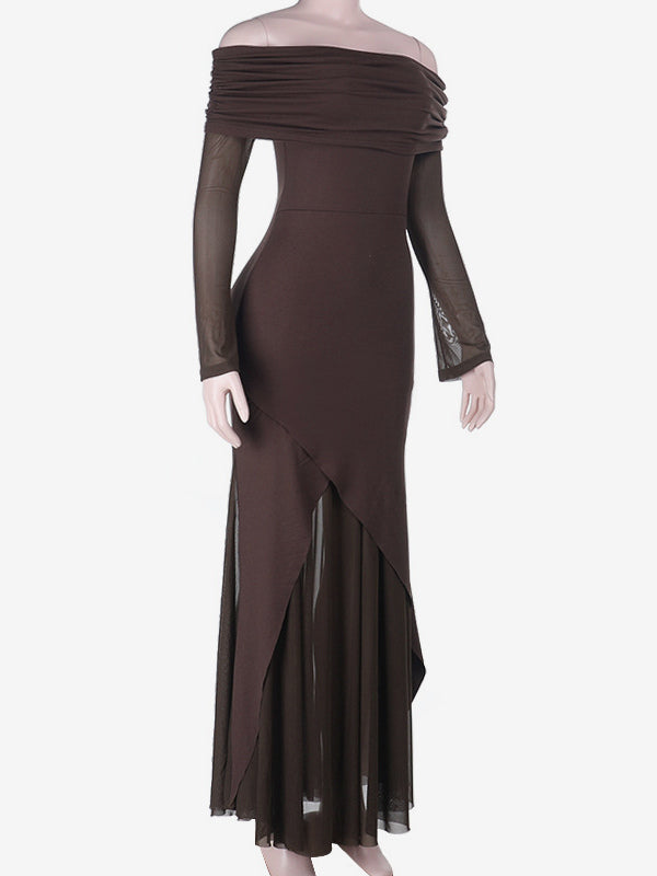 Off Shoulder Maxi Dress For Women - Brown Elegant Ruched Sheer Mesh Sleeve - Spring Party Wear 2026
