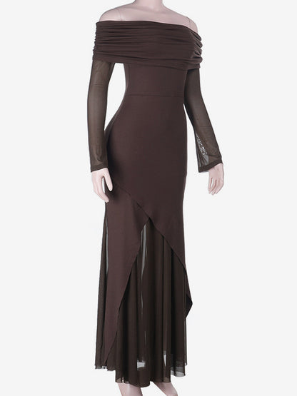 Off Shoulder Maxi Dress For Women - Brown Elegant Ruched Sheer Mesh Sleeve - Spring Party Wear 2026