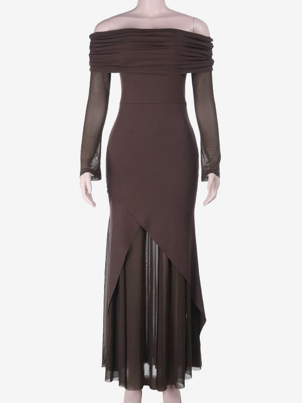 Off Shoulder Maxi Dress For Women - Brown Elegant Ruched Sheer Mesh Sleeve - Spring Party Wear 2026