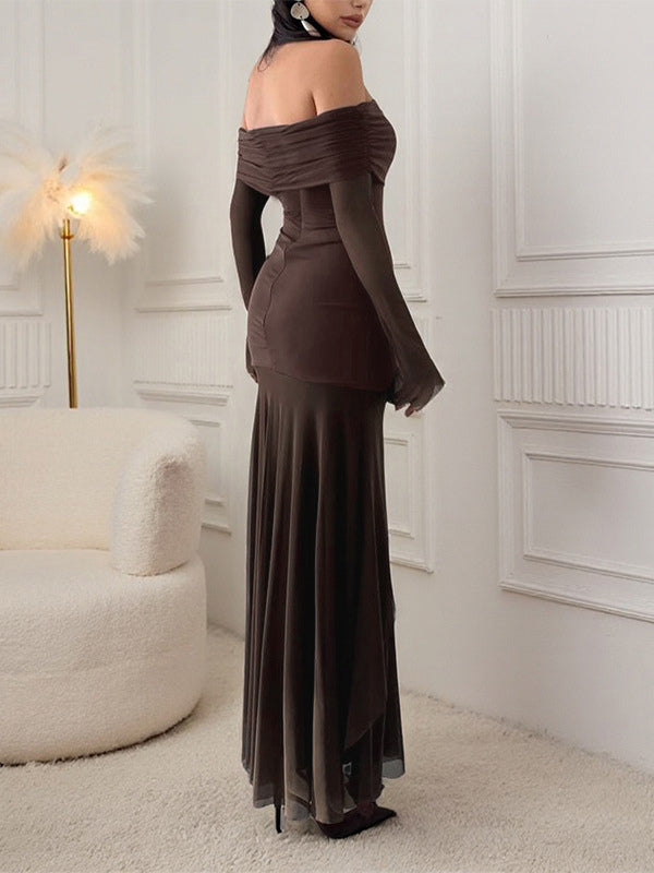 Off Shoulder Maxi Dress For Women - Brown Elegant Ruched Sheer Mesh Sleeve - Spring Party Wear 2026