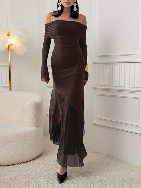 Off Shoulder Maxi Dress For Women - Brown Elegant Ruched Sheer Mesh Sleeve - Spring Party Wear 2026