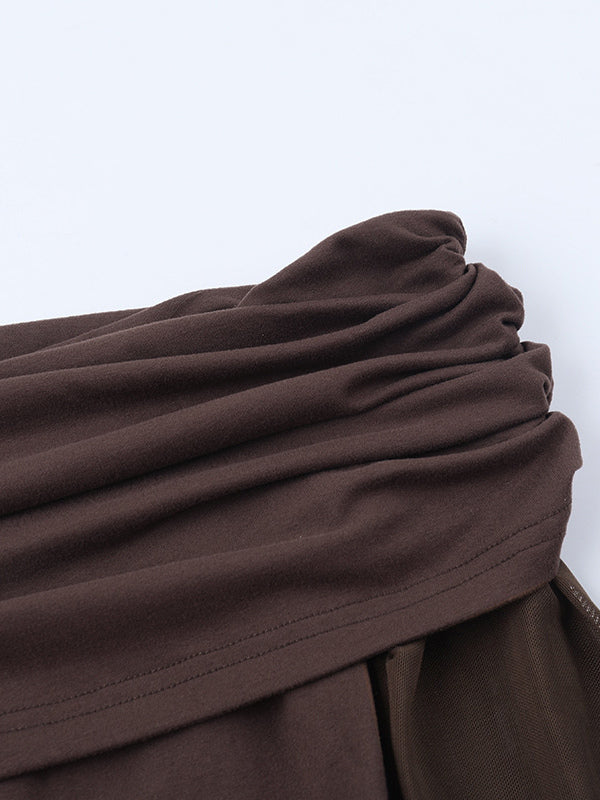 Off Shoulder Maxi Dress For Women - Brown Elegant Ruched Sheer Mesh Sleeve - Spring Party Wear 2026