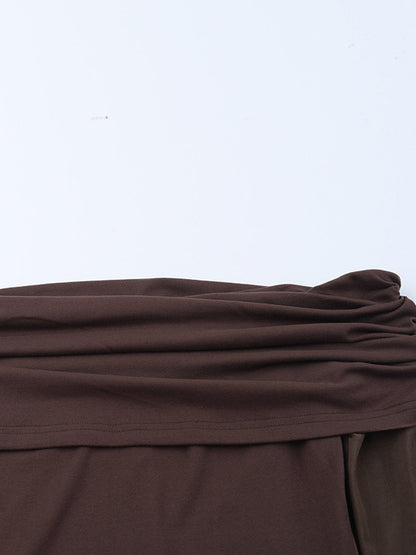 Off Shoulder Maxi Dress For Women - Brown Elegant Ruched Sheer Mesh Sleeve - Spring Party Wear 2026