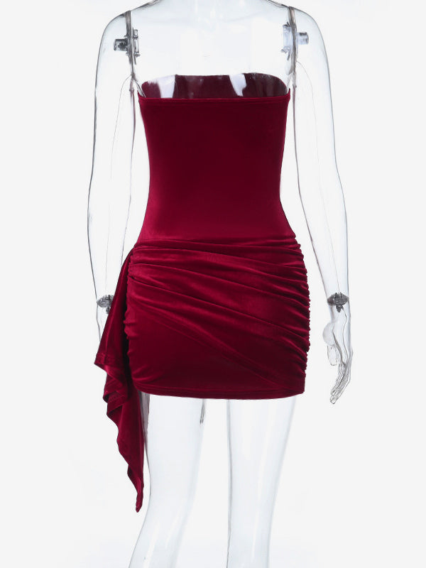Ruched Velvet Bodycon Mini Dress For Women-Red Strapless Draped Side Sash -Spring Summer Cocktail Party Wear 2026