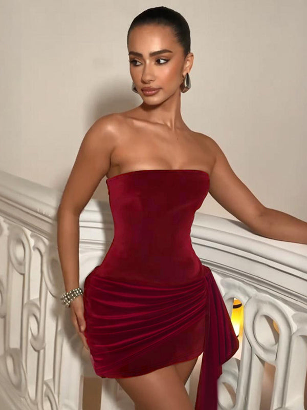 Ruched Velvet Bodycon Mini Dress For Women-Red Strapless Draped Side Sash -Spring Summer Cocktail Party Wear 2026