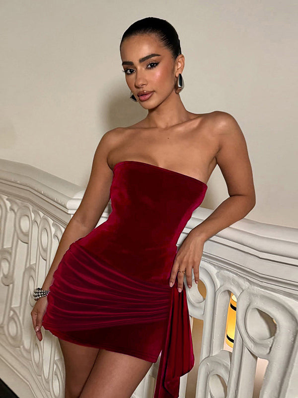 Ruched Velvet Bodycon Mini Dress For Women-Red Strapless Draped Side Sash -Spring Summer Cocktail Party Wear 2026