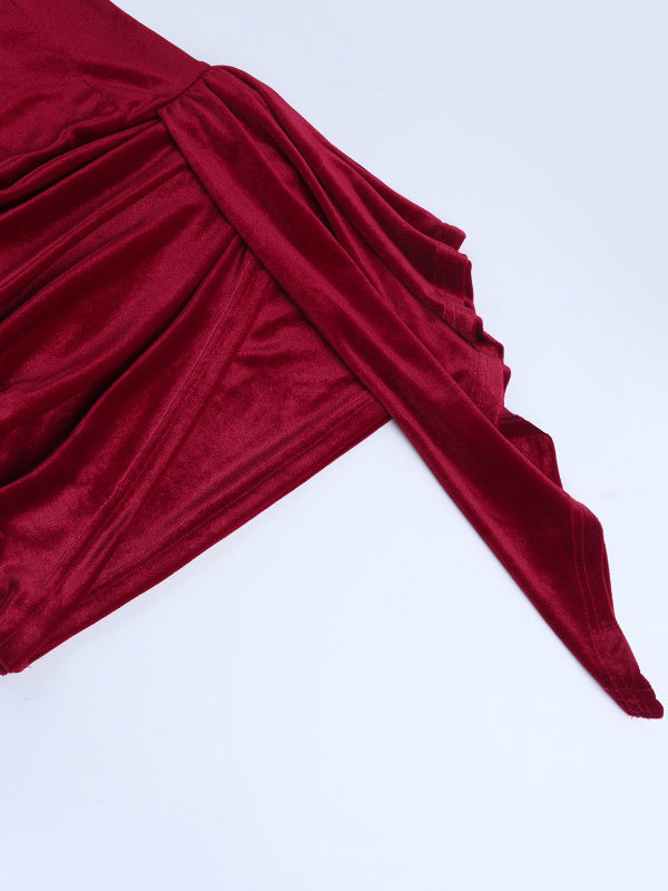 Ruched Velvet Bodycon Mini Dress For Women-Red Strapless Draped Side Sash -Spring Summer Cocktail Party Wear 2026