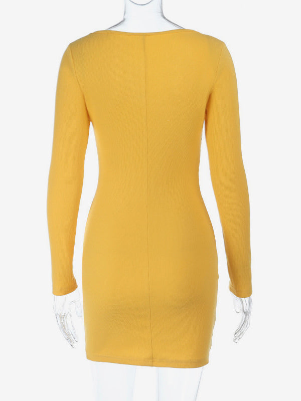 Floral Rhinestone Ribbed Dress For Women - Yellow Long Sleeve Square Neck Bodycon Mini Dress - Spring Casual Streetwear 2026