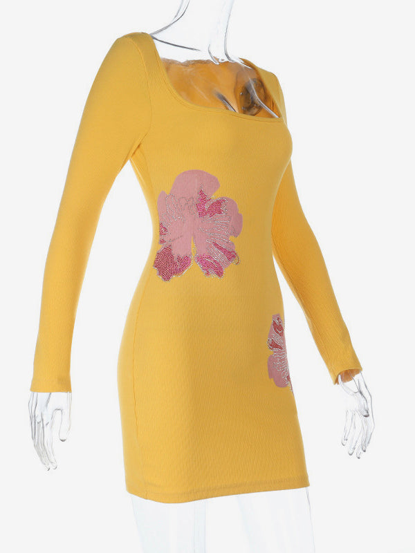 Floral Rhinestone Ribbed Dress For Women - Yellow Long Sleeve Square Neck Bodycon Mini Dress - Spring Casual Streetwear 2026