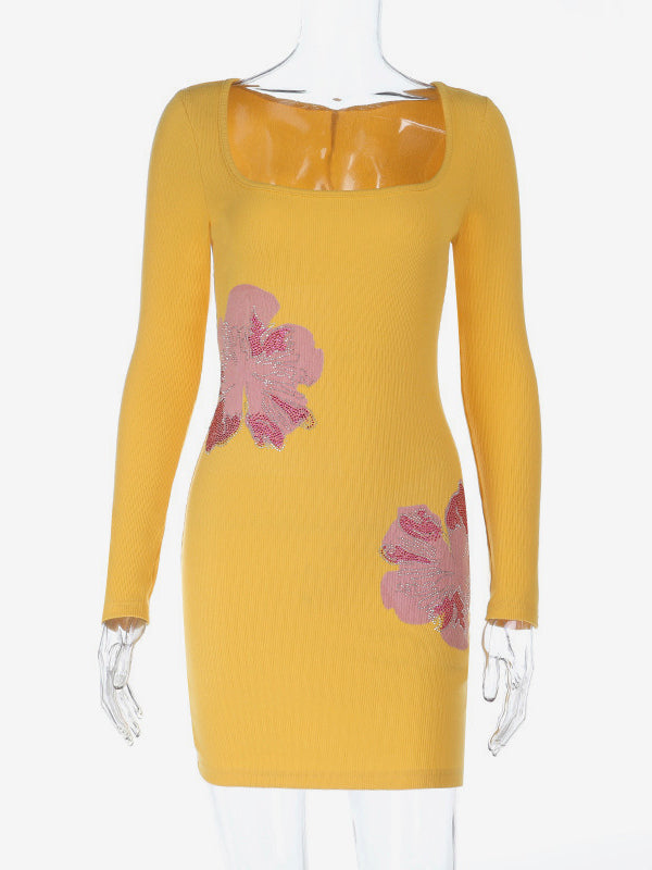 Floral Rhinestone Ribbed Dress For Women - Yellow Long Sleeve Square Neck Bodycon Mini Dress - Spring Casual Streetwear 2026