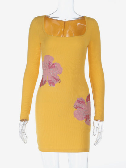 Floral Rhinestone Ribbed Dress For Women - Yellow Long Sleeve Square Neck Bodycon Mini Dress - Spring Casual Streetwear 2026