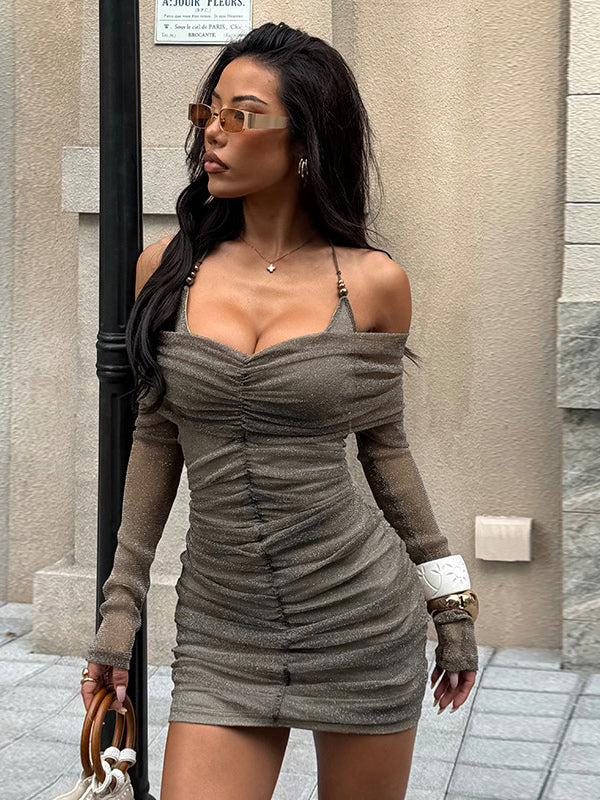 Glitted Ruched Bodycon Dress For Women - Halter Neck Off Shoulder Mesh Mini Dress - Spring Night Out Clubwear 2026