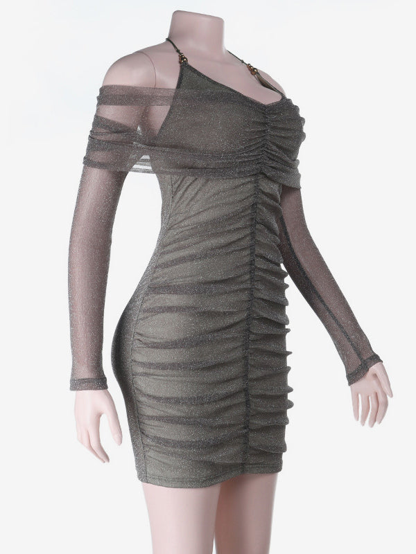 Glitted Ruched Bodycon Dress For Women - Halter Neck Off Shoulder Mesh Mini Dress - Spring Night Out Clubwear 2026