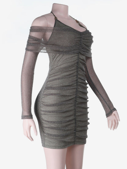 Glitted Ruched Bodycon Dress For Women - Halter Neck Off Shoulder Mesh Mini Dress - Spring Night Out Clubwear 2026