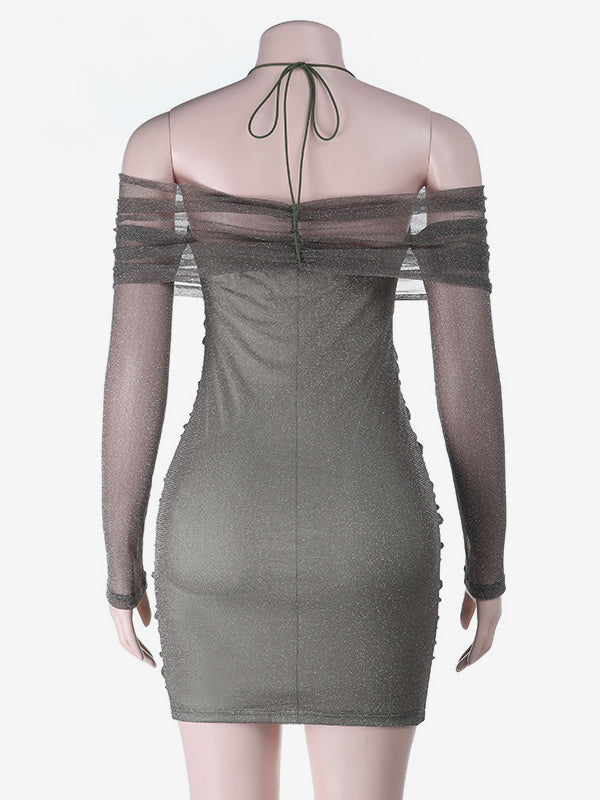 Glitted Ruched Bodycon Dress For Women - Halter Neck Off Shoulder Mesh Mini Dress - Spring Night Out Clubwear 2026