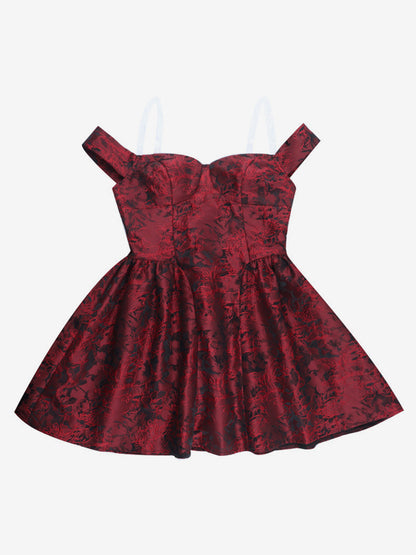 Floral Jacquard Off Shoulder Mini Dress For Women - Burgundy A Line Dress - Summer Prom Birthday Party 2026