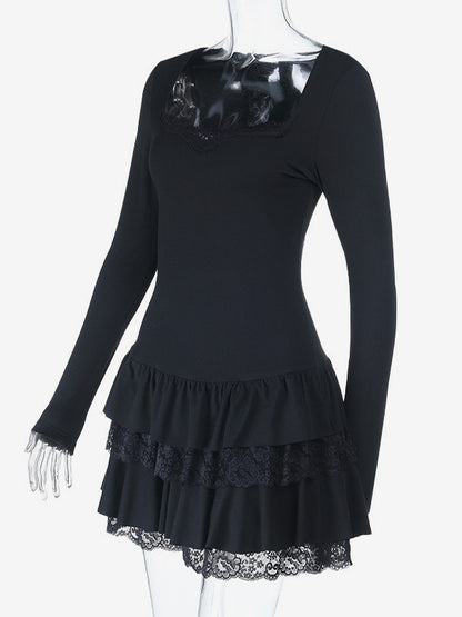 Lace Square Neck Mini Dress For Women - Black Gothic Ruffle Layered Long Sleeve Bodycon - Spring Night Out Clubwear 2026