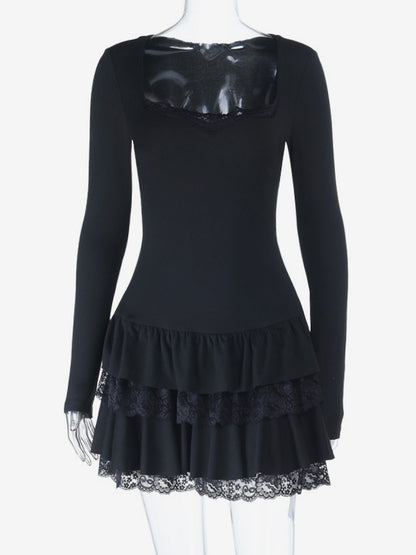 Lace Square Neck Mini Dress For Women - Black Gothic Ruffle Layered Long Sleeve Bodycon - Spring Night Out Clubwear 2026
