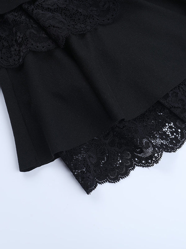 Lace Square Neck Mini Dress For Women - Black Gothic Ruffle Layered Long Sleeve Bodycon - Spring Night Out Clubwear 2026