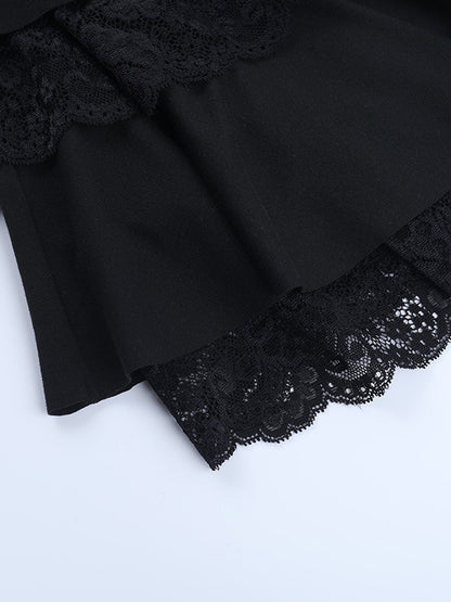 Lace Square Neck Mini Dress For Women - Black Gothic Ruffle Layered Long Sleeve Bodycon - Spring Night Out Clubwear 2026