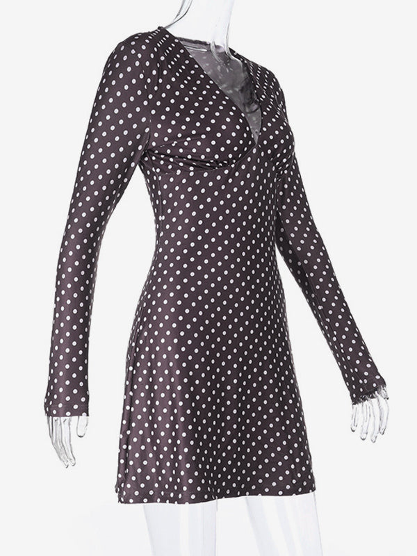 Polka Dot Women's Mini Dress - Chocolate Brown Vintage V Neck Long Sleeve Bodycon - Spring Vacation Party 2026