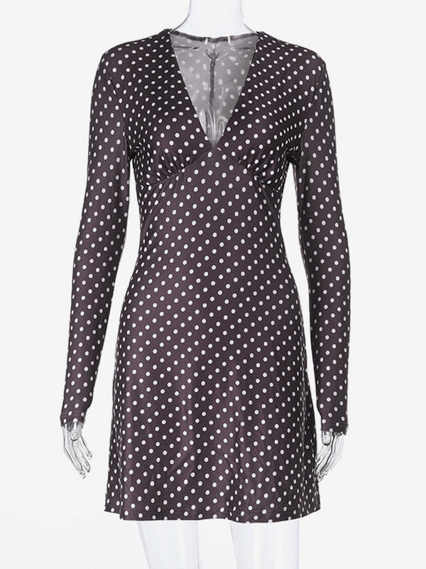 Polka Dot Women's Mini Dress - Chocolate Brown Vintage V Neck Long Sleeve Bodycon - Spring Vacation Party 2026