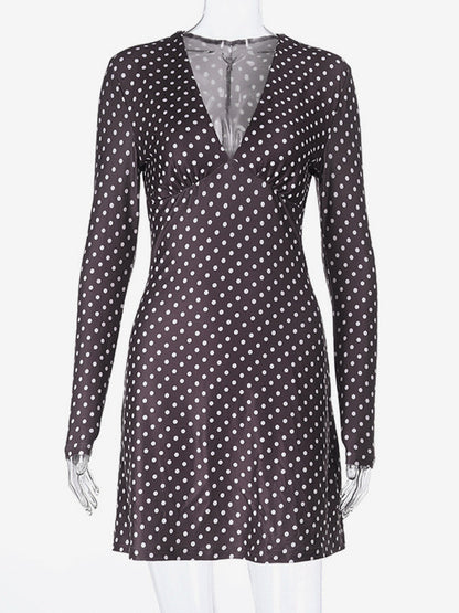 Polka Dot Women's Mini Dress - Chocolate Brown Vintage V Neck Long Sleeve Bodycon - Spring Vacation Party 2026