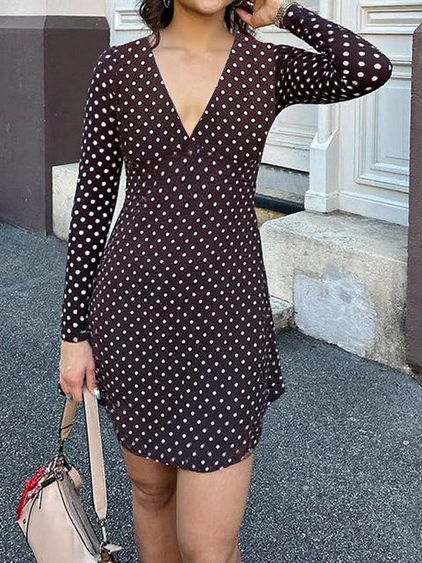 Polka Dot Women's Mini Dress - Chocolate Brown Vintage V Neck Long Sleeve Bodycon - Spring Vacation Party 2026