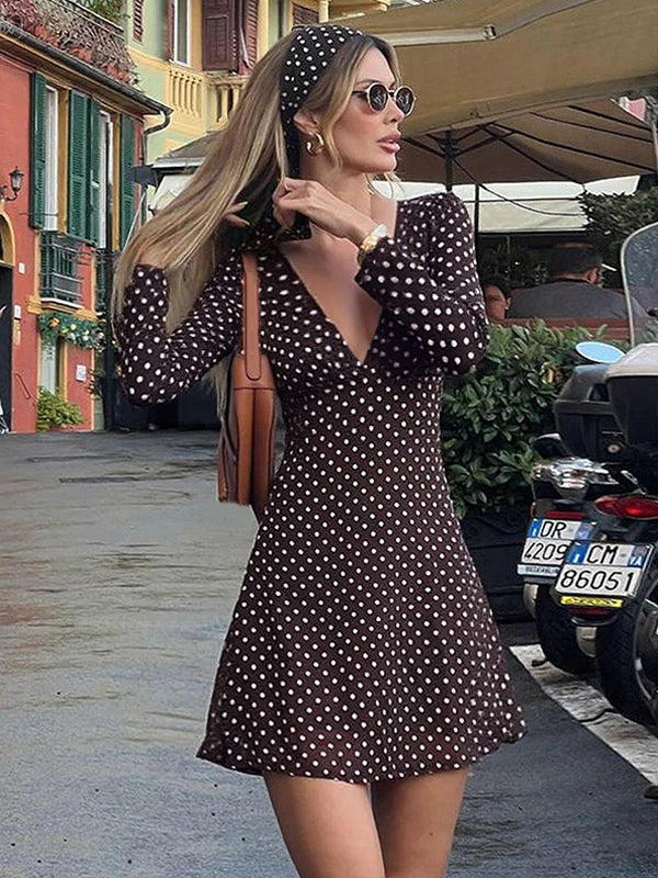 Polka Dot Women's Mini Dress - Chocolate Brown Vintage V Neck Long Sleeve Bodycon - Spring Vacation Party 2026