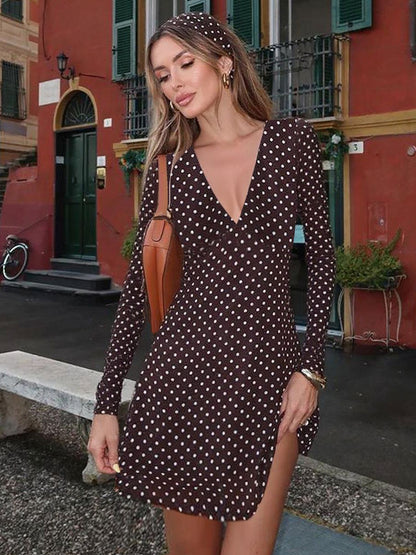 Polka Dot Women's Mini Dress - Chocolate Brown Vintage V Neck Long Sleeve Bodycon - Spring Vacation Party 2026