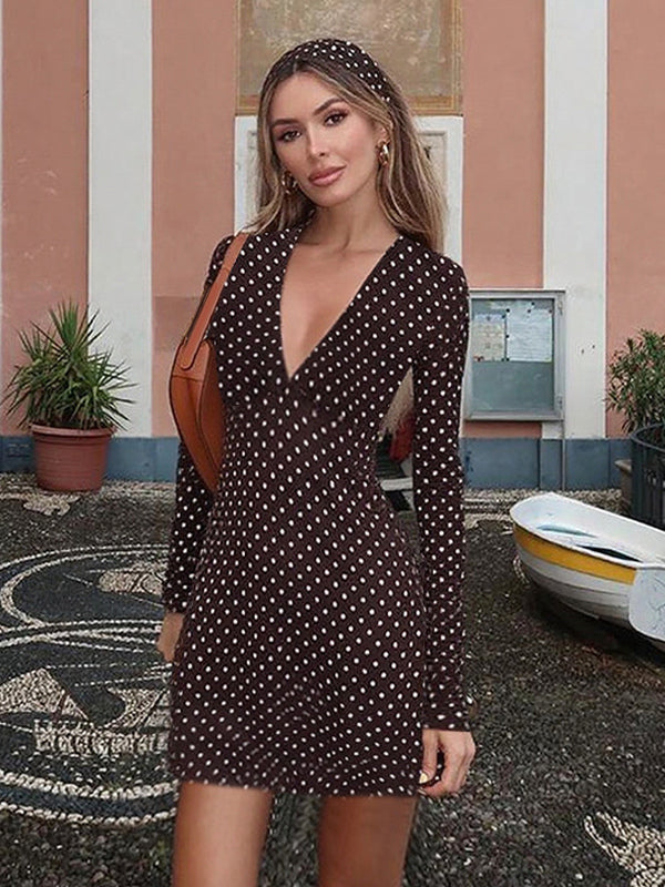 Polka Dot Women's Mini Dress - Chocolate Brown Vintage V Neck Long Sleeve Bodycon - Spring Vacation Party 2026