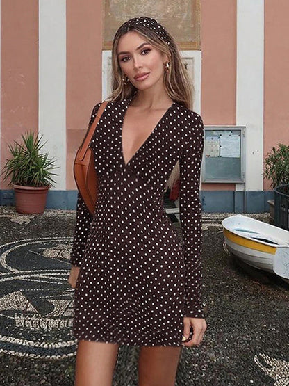 Polka Dot Women's Mini Dress - Chocolate Brown Vintage V Neck Long Sleeve Bodycon - Spring Vacation Party 2026