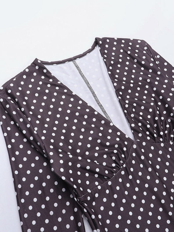 Polka Dot Women's Mini Dress - Chocolate Brown Vintage V Neck Long Sleeve Bodycon - Spring Vacation Party 2026