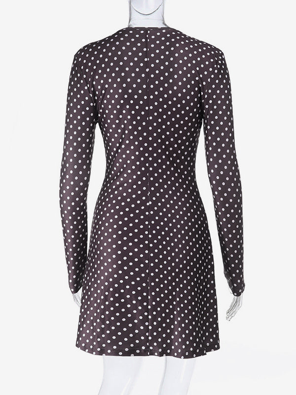 Polka Dot Women's Mini Dress - Chocolate Brown Vintage V Neck Long Sleeve Bodycon - Spring Vacation Party 2026