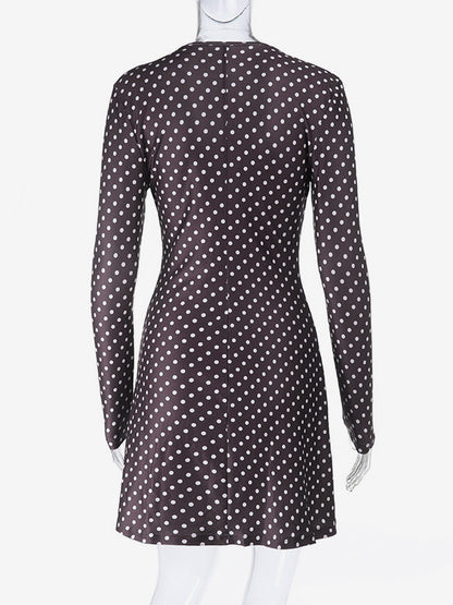 Polka Dot Women's Mini Dress - Chocolate Brown Vintage V Neck Long Sleeve Bodycon - Spring Vacation Party 2026