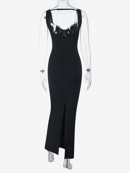 Cowl Neck Maxi Dress For Women - Black Elegant Lace Trim Bodycon Long Dress - Spring Evening Party Cocktail Wear 2026