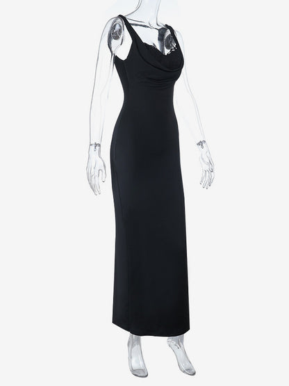 Cowl Neck Maxi Dress For Women - Black Elegant Lace Trim Bodycon Long Dress - Spring Evening Party Cocktail Wear 2026