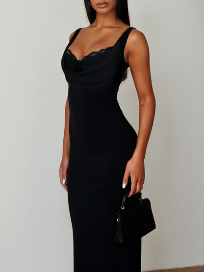 Cowl Neck Maxi Dress For Women - Black Elegant Lace Trim Bodycon Long Dress - Spring Evening Party Cocktail Wear 2026