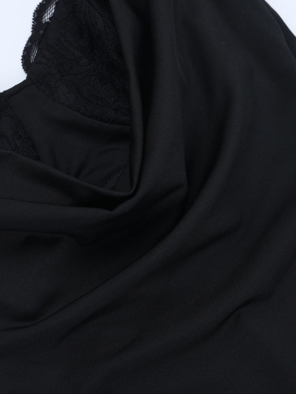 Cowl Neck Maxi Dress For Women - Black Elegant Lace Trim Bodycon Long Dress - Spring Evening Party Cocktail Wear 2026