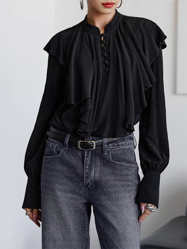 Vintage Ruffle Blouse For Women - Black Elegant Button Up Victorian Long Sleeve Top - Spring Desk-to-dinner 2026