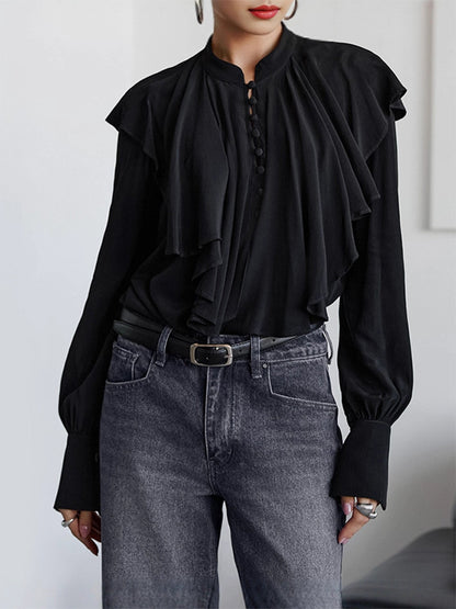 Vintage Ruffle Blouse For Women - Black Elegant Button Up Victorian Long Sleeve Top - Spring Desk-to-dinner 2026