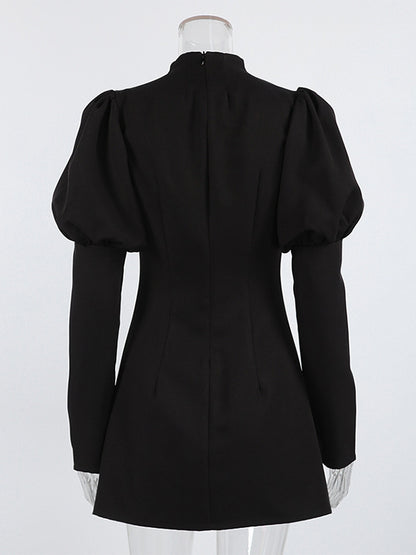 Puff Sleeve Mini Dress For Women Chic Retro Outfit - Black Elegant Stand Collar Slim Fit Bodycon - Spring Desk-to-dinner 2026